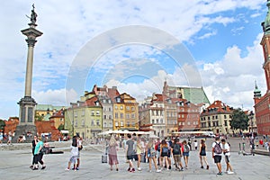 Beautiful architecture and street in Warsaw. Rush hour in city street