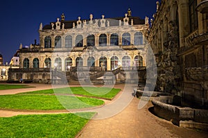 Beautiful architecture of the Zwinger palace in Dresden at night, Saxony. Germany