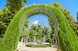 Beautiful Archway in Aranjuez royal palace gardens, Spain.