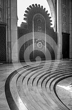 Beautiful Archway over curving stairs in Mosque in B&W