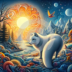 A beautiful arctic fox in a wild place, summer, midnight sun, tree, river, lake, flying bird, moon, bold painting, animal