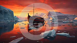 Beautiful Arctic Sunset: Icebergs and Red Boat