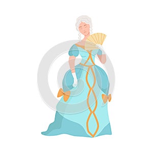 Beautiful aristocratic lady in luxury historical costume of 18th century cartoon vector illustration