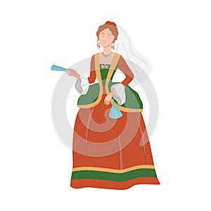 Beautiful aristocratic lady in luxury historical costume of 18th century cartoon vector illustration