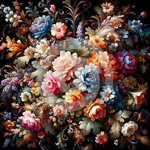 A beautiful arrangement of colorful flowers against a dark backdrop in a painting.