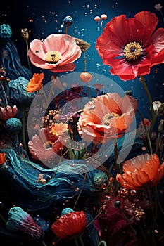 A beautiful arrangement of red poppies surrounded by colorful vegetation and bubbles, underwater