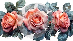 A beautiful arrangement of three realistic roses with leaves in the style of digital airbrushing photo