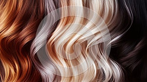 Beautiful array of flowing hair strands showcasing diverse colors and textures in natural light photo