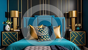 Beautiful Art Deco interior design bedroom with geometric patterns, Generative AI