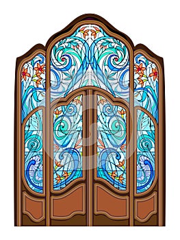 Beautiful Art Nouveau door with stained glass windows. Exclusive offer for luxury interior. Jugendstil architectural style.