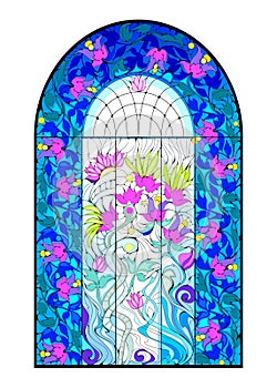Beautiful Art Nouveau stained glass window with floral motives. Template for design, wallpaper, background, decoration.