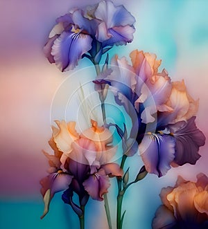 beautiful art with soft lavender-peach pink iris flowers against colorful abstract background. paint watercolor style. Ai