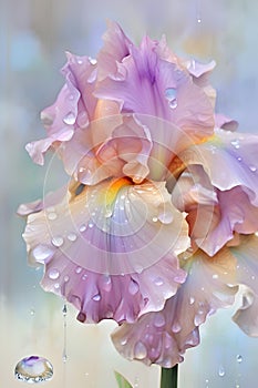 beautiful art with soft lavender pink iris flower with water drops against abstract background. close up. paint watercolor style