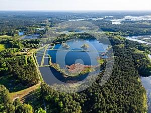 beautiful artificial lake in green forest, serene fishing pond and swamp, fishery and hunting industry, aerial top view