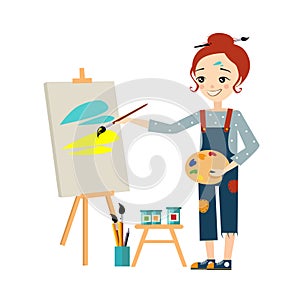 Beautiful Artist Woman Painting on Canvas
