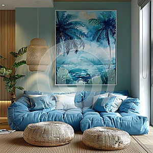 Beautiful artworks and comfortable couch in stylish room photo