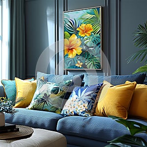 Beautiful artworks and comfortable couch in stylish room. Interior design photo