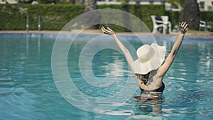 Beautiful Asain women with bikini enjoy summer vacation in the swimming pool.