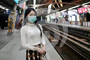Beautiful asia woman passenger wearing medical hygiene protective face mask infection from coronavirus covid-19 standing in lines