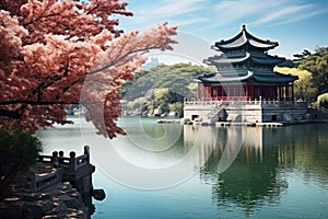 Beautiful asian architecture in the park with cherry blossoms, Imperial Summer Palace in Beijing, China, AI Generated