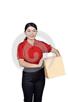 Beautiful asian delivery woman holding cardboard box