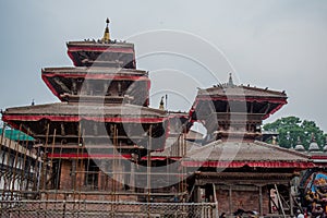 Beautiful asian design temple under reconstruction in Kathmandu