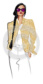 Beautiful asian fashion model posing in yellow jacket against white background