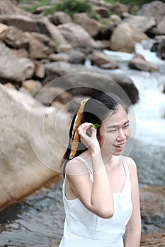 Beautiful asian female in white dress is hand holding grass flower on the rock and stream in tropical forest