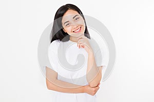 Beautiful asian girl with healthy skin isolated on white background. Skincare concept. Young korean woman smiling