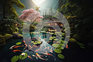 Beautiful Asian landscape with serene lake filled with koi fishes and lily lotus