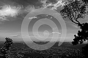 Beautiful Asian limestone mountain landscape in black and white in Phu Kradueng National park. Loei - Thailand