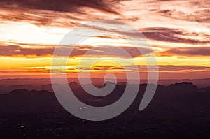 Beautiful Asian limestone mountain landscape sunrise at Pha Nok An cliff in Phu Kradueng National park. Loei - Thailand