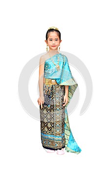 Beautiful asian little child girl wearing traditional thai style dress isolated on white background