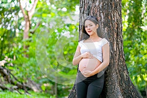 Beautiful Asian pregnant woman smile, lean at the tree and touch her belly with look forward among green garden with morning light