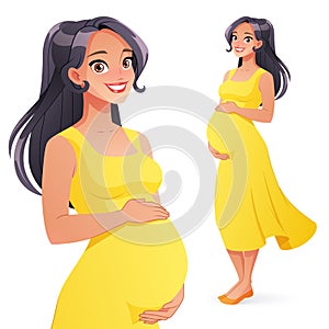 Beautiful Asian smiling pregnant woman. Full length isolated vector illustration.