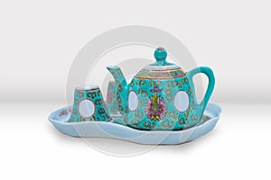 Beautiful Asian Tea Pot and Cup Set with Floral patterns Mockup