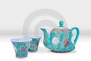 Beautiful Asian Tea Pot and Cup Set with Floral patterns Mockup