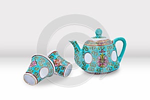 Beautiful Asian Tea Pot and Cup Set with Floral patterns Mockup