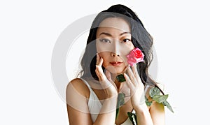 Beautiful asian woman with clean fresh skin on white background, Face care, Facial care, Cosmetology, Beauty and spa