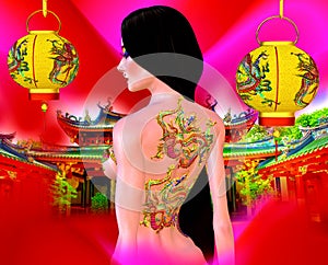 Beautiful Asian woman, dragon tattoo on her back, colorful makeup and bra.