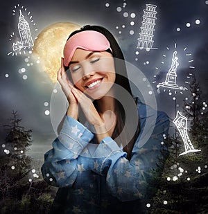 Beautiful Asian woman dreaming about travelling while sleeping, night starry sky with moon on background