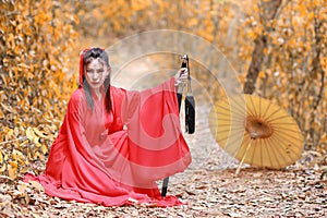 Beautiful asian woman dress in traditional Chinese old fashion warrior style with ancient word and umbrella. Cute girl in