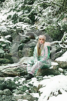 Beautiful asian woman enjoy view with snow during winter in New Zealand.