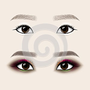 Beautiful Asian Woman Eyes and Brows. Before and after make-up. Vector illustration.