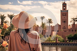 Beautiful asian woman with hat looking at mosque in morocco, rear view of a Woman looking at Koutoubia mosque minaret-Tourism in