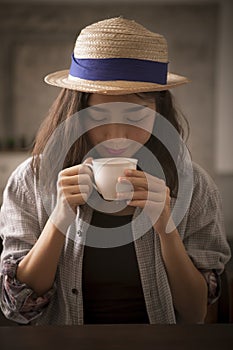 Beautiful asian woman and hot coffee cup happiness smiling face