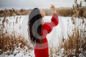 Beautiful asian woman in long red dress near the reeds over winter background. Fairy tale girl on winter landscape.