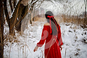 Beautiful asian woman in long red dress near the reeds over winter background. Fairy tale girl on winter landscape.