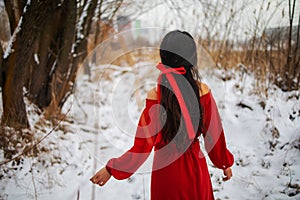Beautiful asian woman in long red dress near the reeds over winter background. Fairy tale girl on winter landscape.