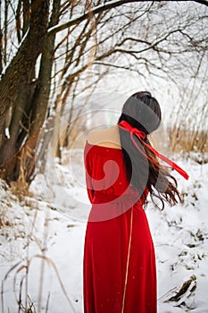 Beautiful asian woman in long red dress near the reeds over winter background. Fairy tale girl on winter landscape.